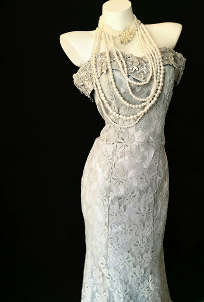 Robe de soirée sirène vintage années 90, épaules dénudées, en dentelle grise, robe de bal longue pour femme, robe d'anniversaire pour les 20 ans AS025
