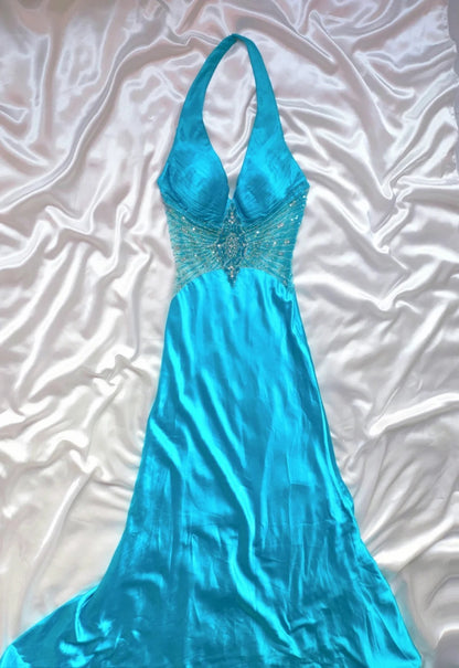 Vintage Mermaid Halter Blue Satin Sleeveless Long Prom Dresses High School Senior Graduation Dance Evening Outfits AS025
