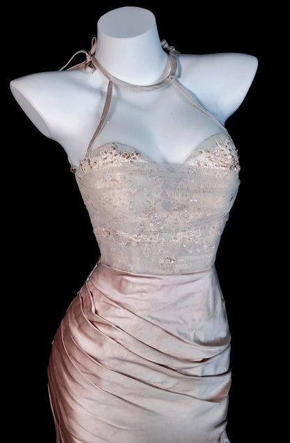 Lace Prom Dress Mermaid Halter Pink With Gold Beading Modest Floor Length Formal Party Gown RB9830