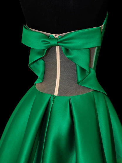 Robe de bal sobre et élégante, sans bretelles, en satin vert, style sophistiqué, robe de soirée longue et raffinée SA025
