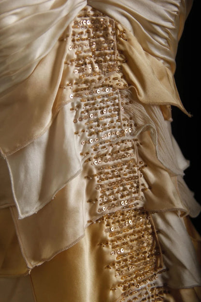 Robe de bal vintage années 90, coupe trapèze, dos nu, dorée à volants et perles, longue robe de soirée AS025