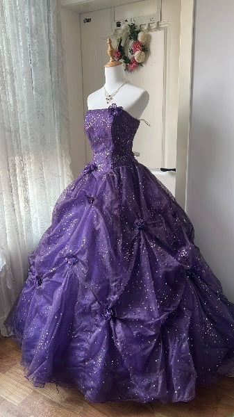 Sweet 16 Dresses Long Strapless Purple Tulle Floor Length Ball Gown Sweet Sixteen Birthday Gown RC0395