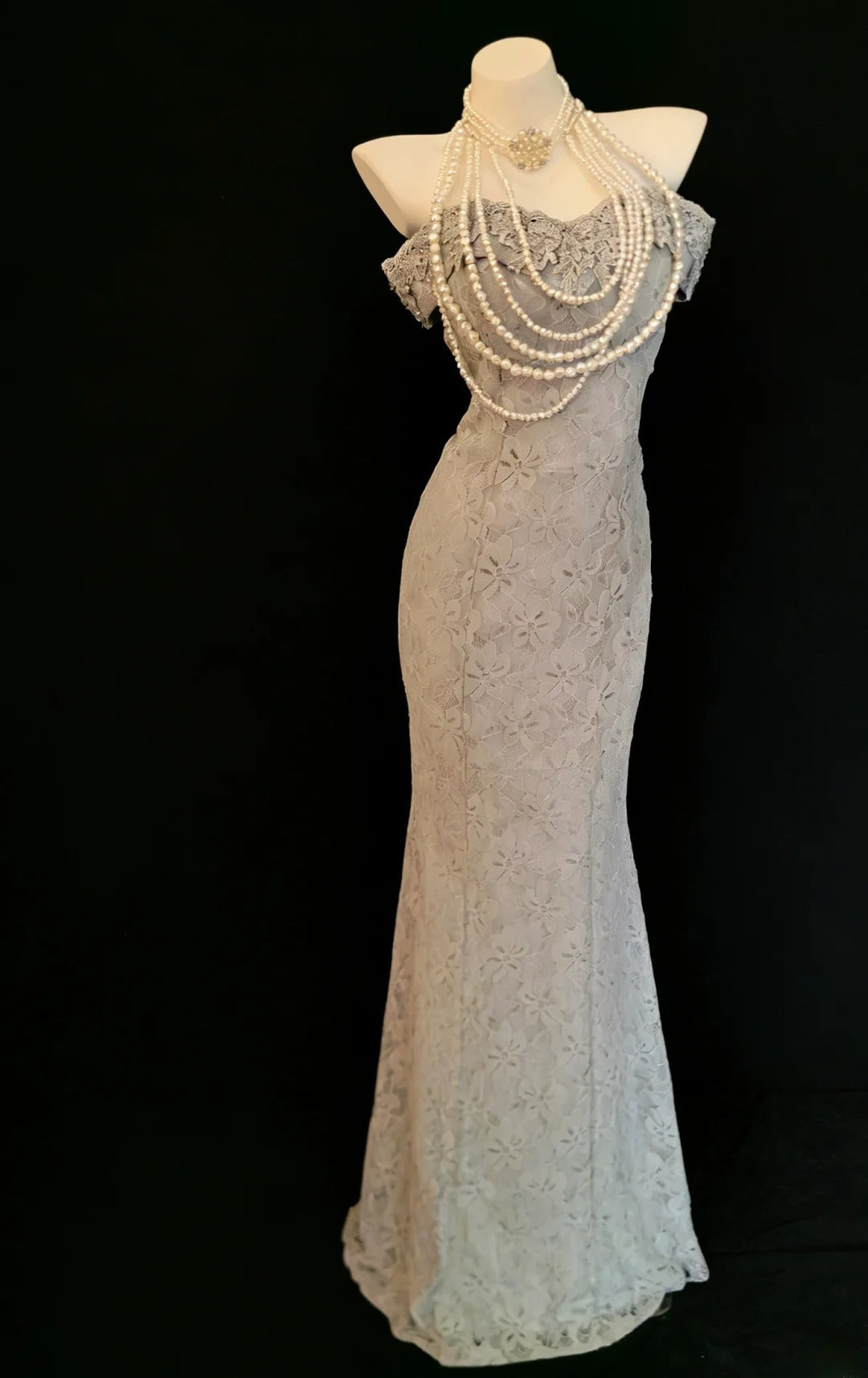 Robe de soirée sirène vintage années 90, épaules dénudées, en dentelle grise, robe de bal longue pour femme, robe d'anniversaire pour les 20 ans AS025