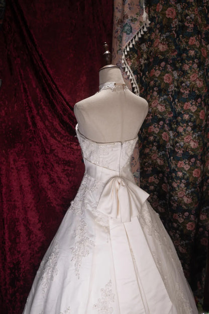 Vintage 80s Ball Gown Strapless Tulle White With Appliques Bow-knot Brides Gown Bridal Dress Wedding Dresses RB8050