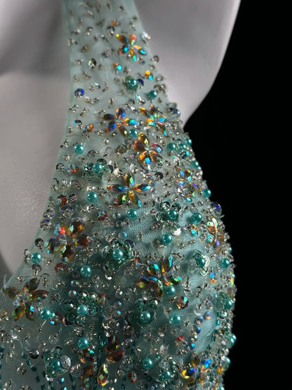 Sophisticated Prom Dresses Ball Gown V Neckline Mint Green Tulle With Beading Long Sweet 15 16 Dress Formal Outfits RB5834