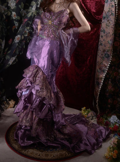Elegant Mermaid Spaghetti Strap Purple With Beading Tiered Long Prom Dresses Formal Outfit Evening Night Dress RB8051