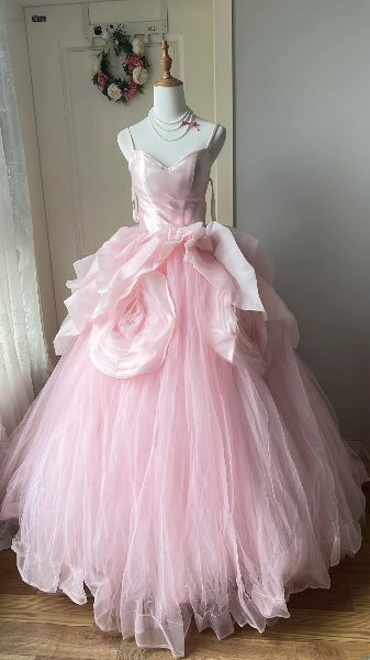 Quinceanera-Ballkleid für den 15. Geburtstag, Spaghettiträger, rosa Tüll mit Blumen, langes Festkleid RC0396