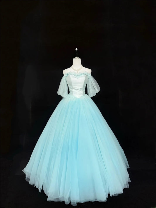 Magical Ball Gown Off The Shoulder Blue Tulle With Sleeves Quince Dress Voluminous Sweet 16 Quinceanera Dresses Vestido de RB7397