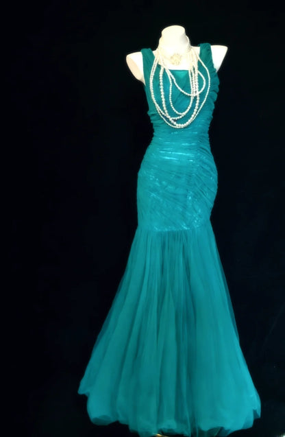 Robe de soirée longue sirène vintage années 90, col carré, tulle bleu, idéale pour un bal de promo ou un 21e anniversaire (AS026)