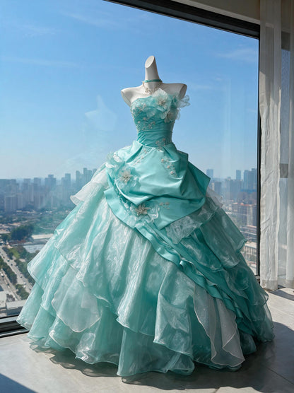 Fairytale Quinceanera Dress Ball Gown Strapless Tulle Blue With Flowers 15th Birthday Party Outfit RC0986
