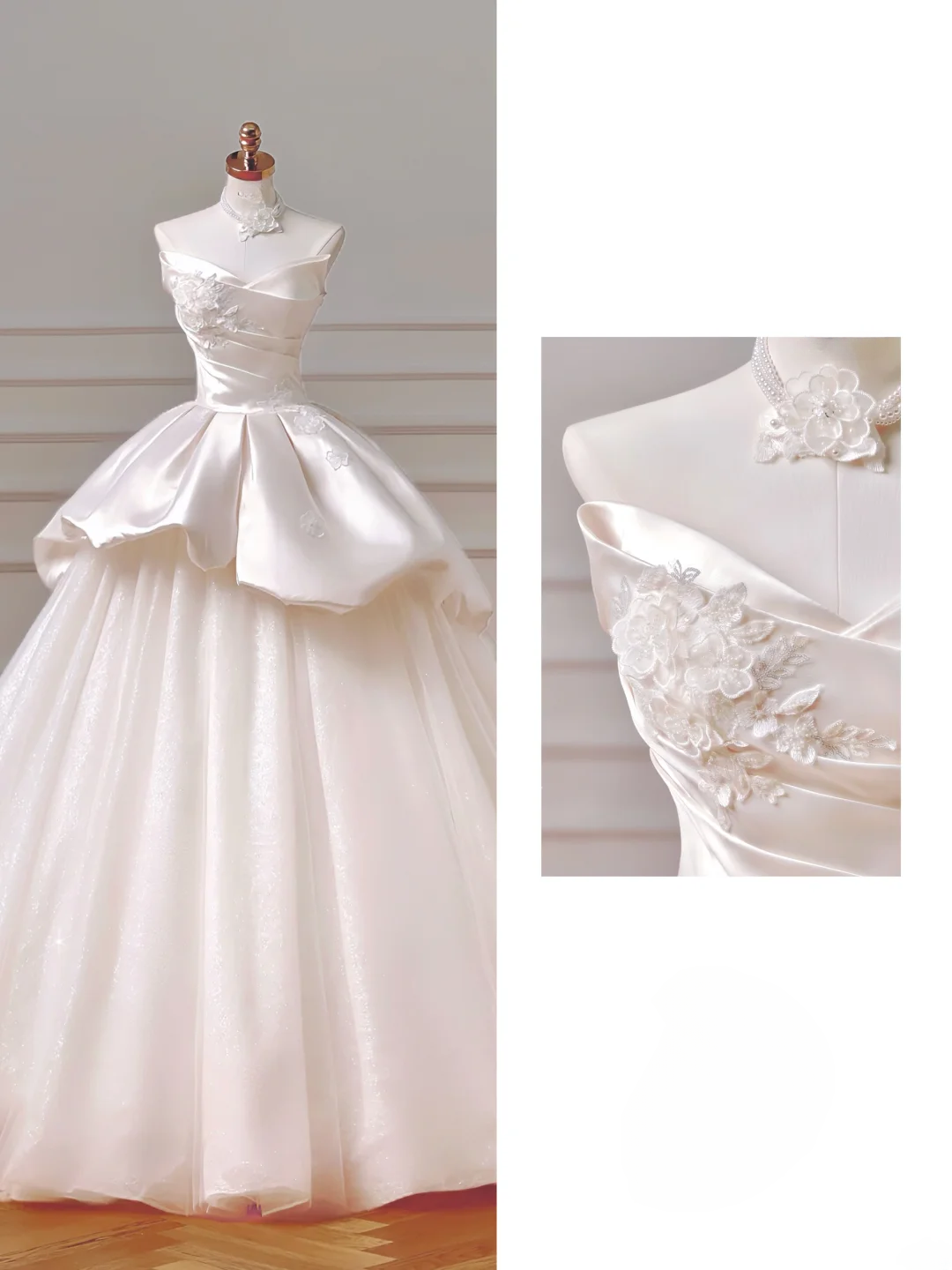 Romantisches langes Brautkleid im Ballkleid-Stil mit Herzausschnitt, Satin, Spitze und Falten, figurbetont mit Ärmeln, Modell AQ026