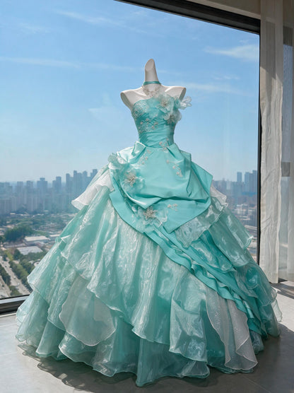 Fairytale Quinceanera Dress Ball Gown Strapless Tulle Blue With Flowers 15th Birthday Party Outfit RC0986