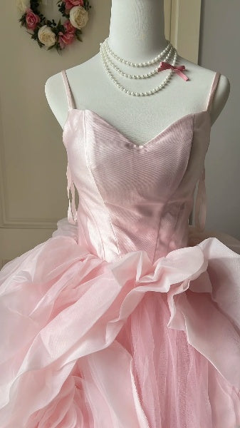 Quinceanera-Ballkleid für den 15. Geburtstag, Spaghettiträger, rosa Tüll mit Blumen, langes Festkleid RC0396