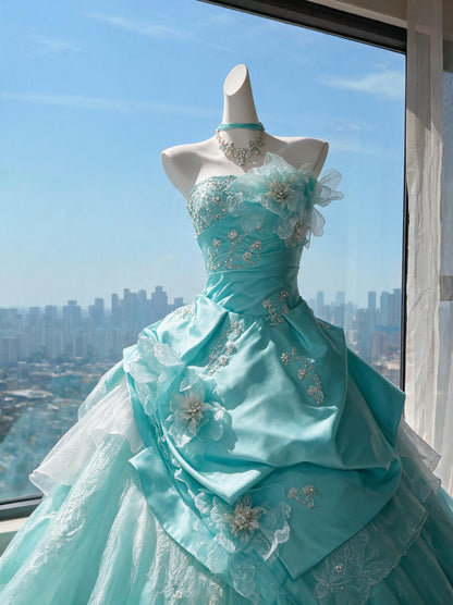Fairytale Quinceanera Dress Ball Gown Strapless Tulle Blue With Flowers 15th Birthday Party Outfit RC0986