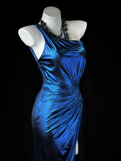Modest Prom Dresses Mermaid One Shoulder Royal Blue Backless With Ruffled Evening Dress Formal Outfits RB5835