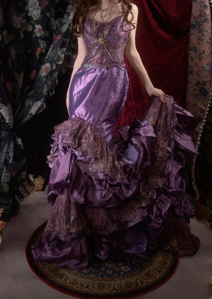 Elegant Mermaid Spaghetti Strap Purple With Beading Tiered Long Prom Dresses Formal Outfit Evening Night Dress RB8051
