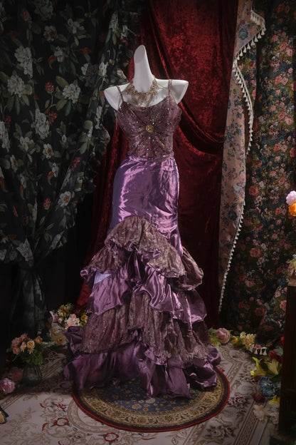 Elegant Mermaid Spaghetti Strap Purple With Beading Tiered Long Prom Dresses Formal Outfit Evening Night Dress RB8051