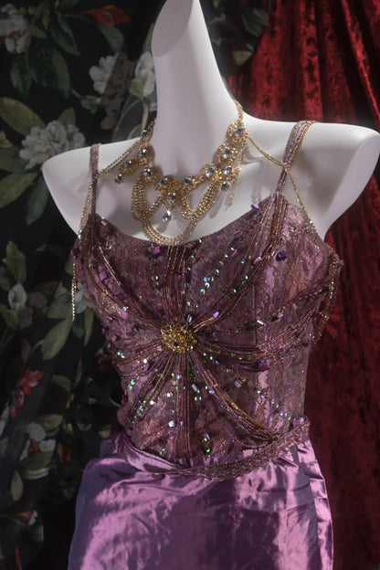Elegant Mermaid Spaghetti Strap Purple With Beading Tiered Long Prom Dresses Formal Outfit Evening Night Dress RB8051