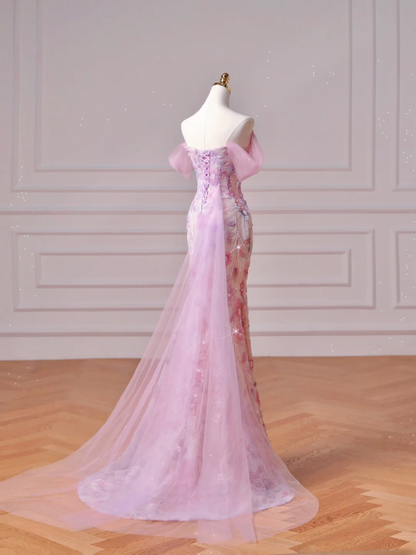 Robe de bal élégante et discrète, style sirène, décolleté cœur, rose à fleurs, corset, coupe ajustée, longue, élégante, idéale pour les adolescentes et les lycéennes (AQ027)