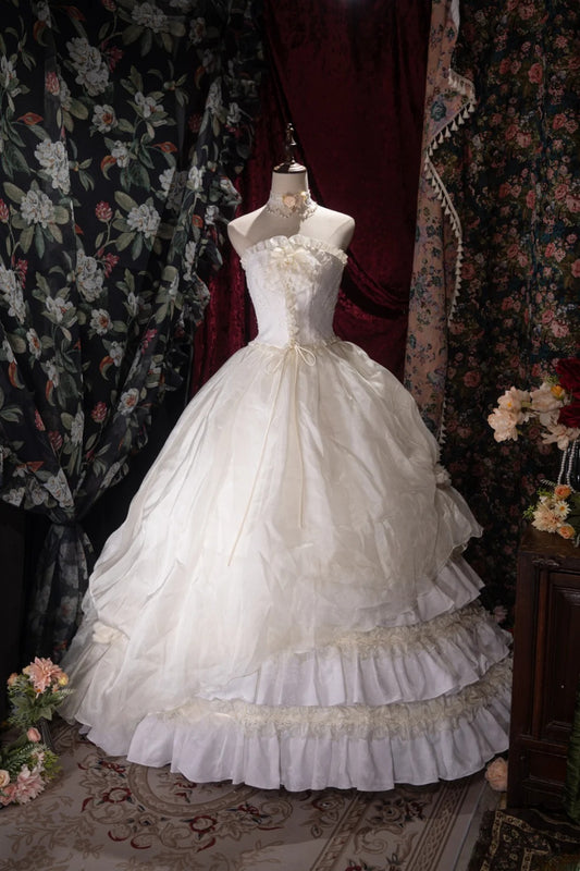 Vintage 80s Ball Gown Strapless Organza Ivory With Tiered Corset Fitted Back Brides Gown Bridal Dress Wedding Dresses RB8052
