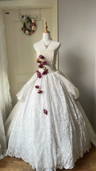 Sweet 16 Kleid lang trägerlos weiß Spitze bodenlanges Ballkleid zum sechzehnten Geburtstag RC0397