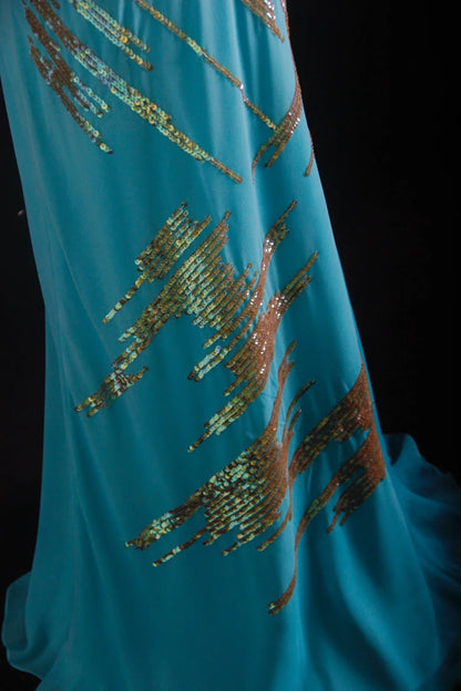 Vintage-Abendkleider im 90er-Jahre-Stil, formell, Meerjungfrauen-Stil, V-Ausschnitt, blauer Chiffon mit Perlenstickerei, lange Partykleider, Ballkleider AS027