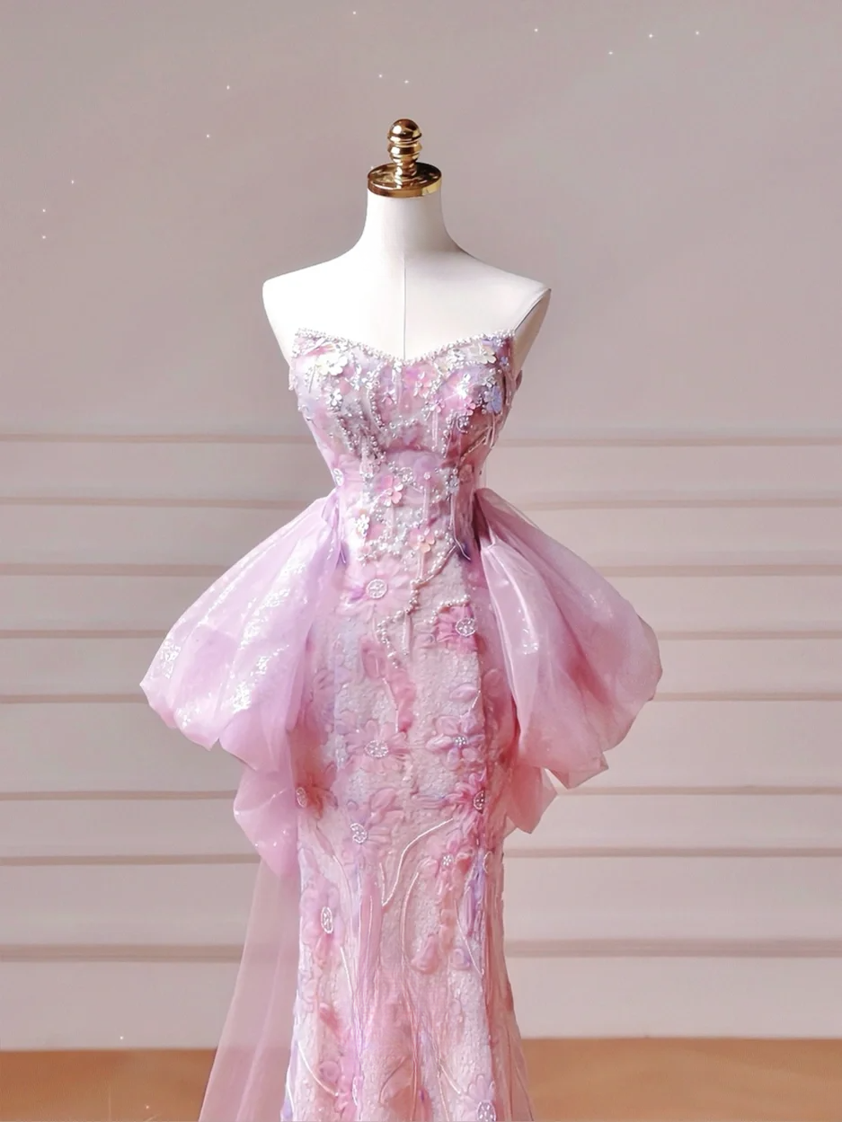 Robe de bal élégante et discrète, style sirène, décolleté cœur, rose à fleurs, corset, coupe ajustée, longue, élégante, idéale pour les adolescentes et les lycéennes (AQ027)