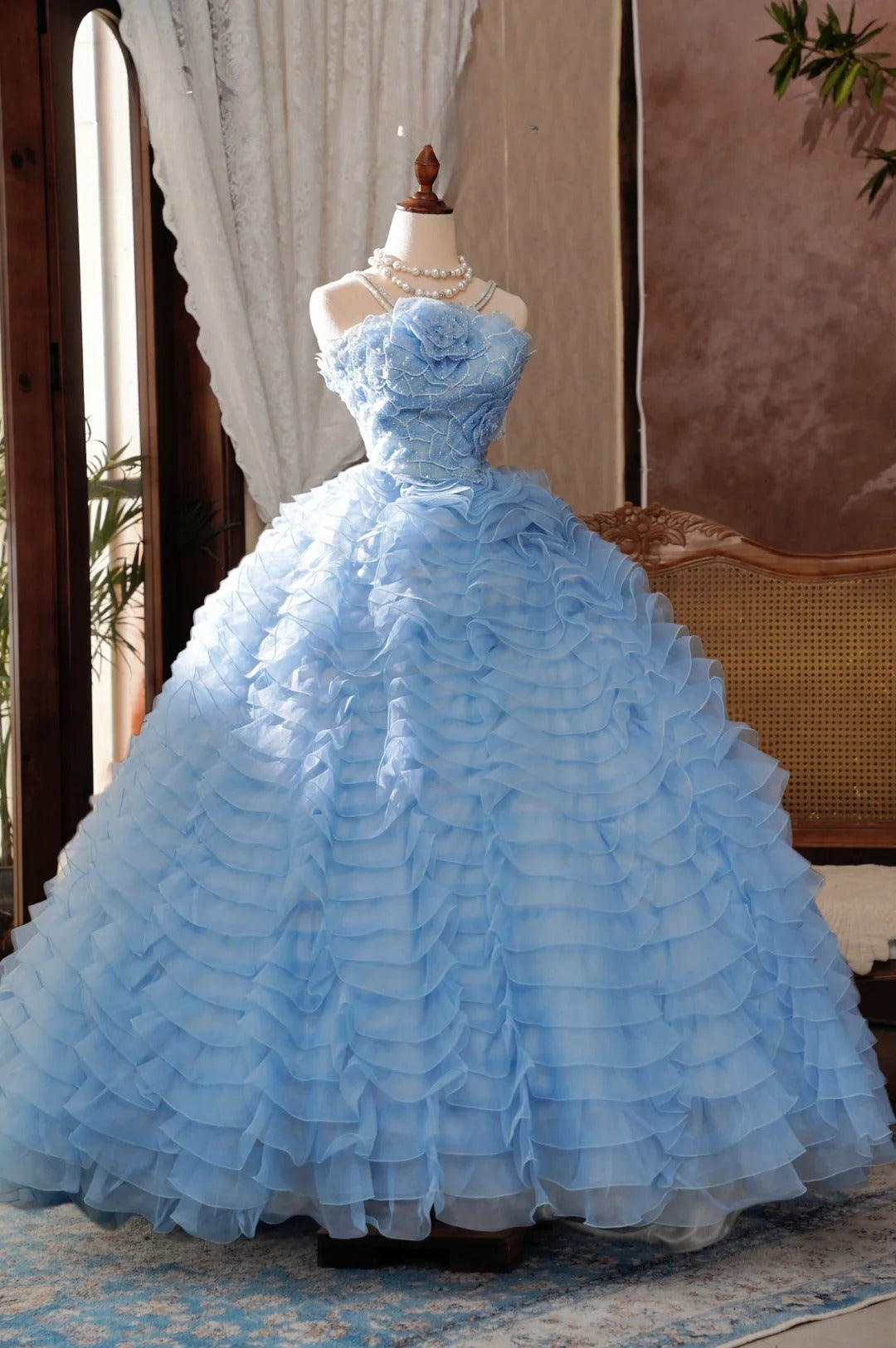 Sweet 15 Dress Cute Quinceanera Dresses Ball Gown Tulle Floral Blue With Tiered 15th Birthday Gown RB9021