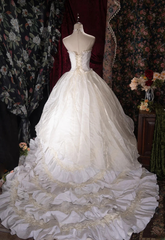 Vintage 80s Ball Gown Strapless Organza Ivory With Tiered Corset Fitted Back Brides Gown Bridal Dress Wedding Dresses RB8052