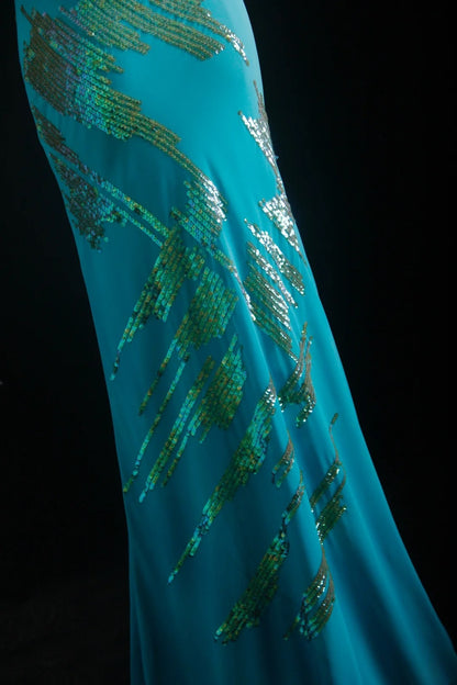 Vintage-Abendkleider im 90er-Jahre-Stil, formell, Meerjungfrauen-Stil, V-Ausschnitt, blauer Chiffon mit Perlenstickerei, lange Partykleider, Ballkleider AS027