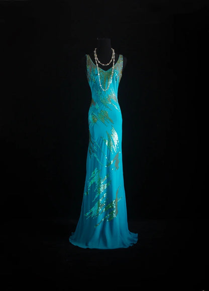 Vintage-Abendkleider im 90er-Jahre-Stil, formell, Meerjungfrauen-Stil, V-Ausschnitt, blauer Chiffon mit Perlenstickerei, lange Partykleider, Ballkleider AS027