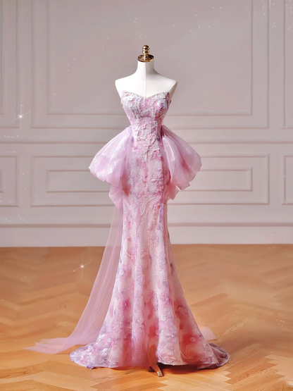 Robe de bal élégante et discrète, style sirène, décolleté cœur, rose à fleurs, corset, coupe ajustée, longue, élégante, idéale pour les adolescentes et les lycéennes (AQ027)