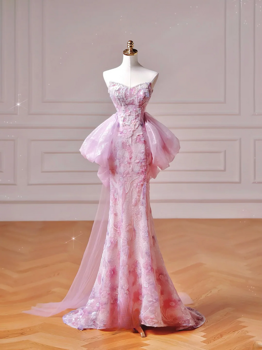 Robe de bal élégante et discrète, style sirène, décolleté cœur, rose à fleurs, corset, coupe ajustée, longue, élégante, idéale pour les adolescentes et les lycéennes (AQ027)