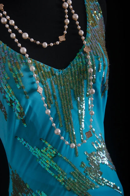 Vintage-Abendkleider im 90er-Jahre-Stil, formell, Meerjungfrauen-Stil, V-Ausschnitt, blauer Chiffon mit Perlenstickerei, lange Partykleider, Ballkleider AS027