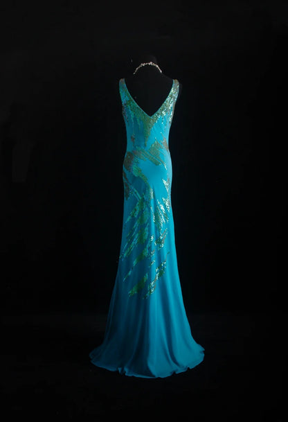 Vintage-Abendkleider im 90er-Jahre-Stil, formell, Meerjungfrauen-Stil, V-Ausschnitt, blauer Chiffon mit Perlenstickerei, lange Partykleider, Ballkleider AS027