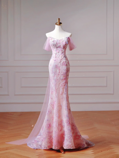 Robe de bal élégante et discrète, style sirène, décolleté cœur, rose à fleurs, corset, coupe ajustée, longue, élégante, idéale pour les adolescentes et les lycéennes (AQ027)