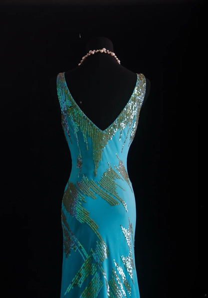 Vintage-Abendkleider im 90er-Jahre-Stil, formell, Meerjungfrauen-Stil, V-Ausschnitt, blauer Chiffon mit Perlenstickerei, lange Partykleider, Ballkleider AS027