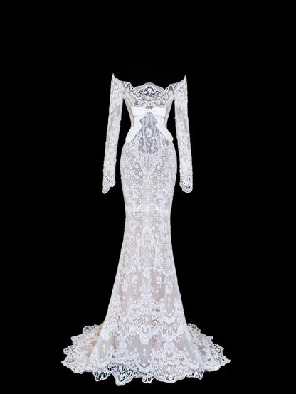 Robe de mariée sirène élégante et pudique, épaules dénudées et manches blanches, tailles petites et grandes, pour femmes SA028