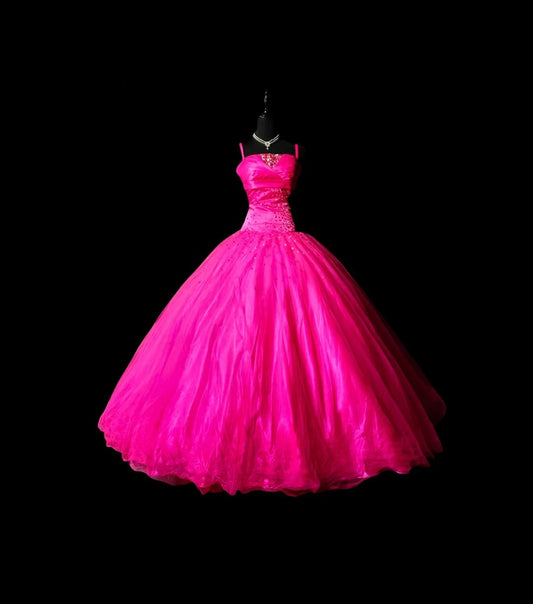 Modest Ball Gown Spaghetti Strap Hot Pink Quinceañera Dress Moda 2000 Long 15 Quinceanera Dresses Ideas Sweet 16 Outfits RB6375