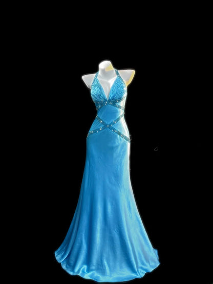 Modest Prom Dresses Mermaid V Neck Halter Blue Satin With Beading Crystals Long Evening Formal Outfits RB3370