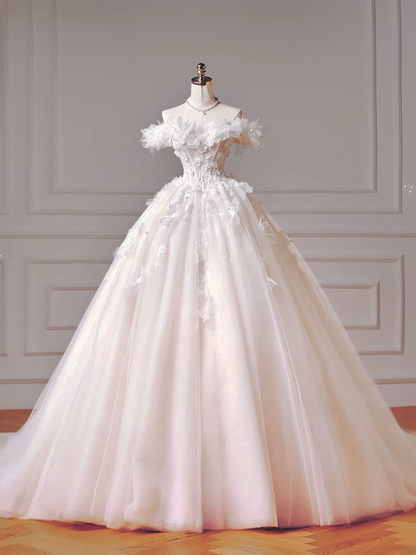 Robe de mariée longue de princesse, robe de bal à épaules dénudées en tulle avec manches courtes et corsage en dentelle, référence AQ028