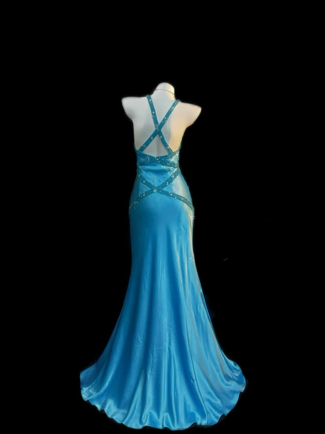 Modest Prom Dresses Mermaid V Neck Halter Blue Satin With Beading Crystals Long Evening Formal Outfits RB3370