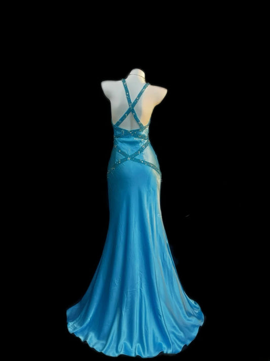 Modest Prom Dresses Mermaid V Neck Halter Blue Satin With Beading Crystals Long Evening Formal Outfits RB3370