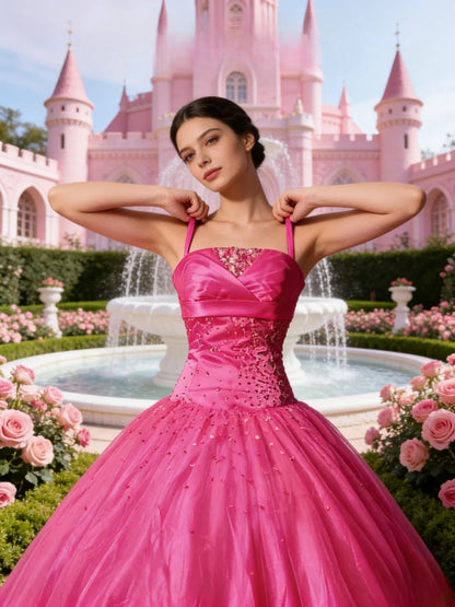 Modest Ball Gown Spaghetti Strap Hot Pink Quinceañera Dress Moda 2000 Long 15 Quinceanera Dresses Ideas Sweet 16 Outfits RB6375
