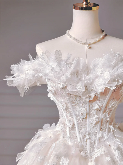 Robe de mariée longue de princesse, robe de bal à épaules dénudées en tulle avec manches courtes et corsage en dentelle, référence AQ028