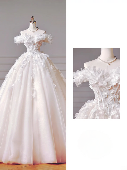 Robe de mariée longue de princesse, robe de bal à épaules dénudées en tulle avec manches courtes et corsage en dentelle, référence AQ028