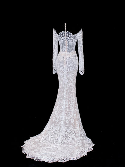 Robe de mariée sirène élégante et pudique, épaules dénudées et manches blanches, tailles petites et grandes, pour femmes SA028