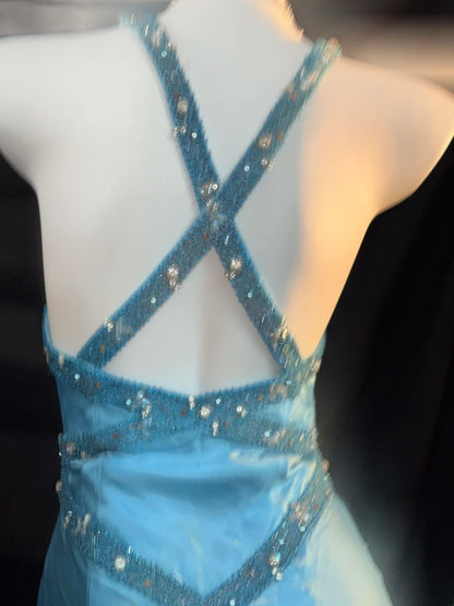 Modest Prom Dresses Mermaid V Neck Halter Blue Satin With Beading Crystals Long Evening Formal Outfits RB3370