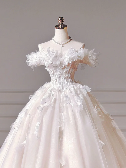 Robe de mariée longue de princesse, robe de bal à épaules dénudées en tulle avec manches courtes et corsage en dentelle, référence AQ028