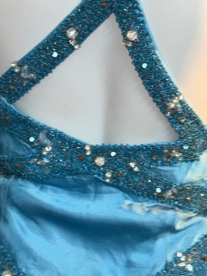 Modest Prom Dresses Mermaid V Neck Halter Blue Satin With Beading Crystals Long Evening Formal Outfits RB3370